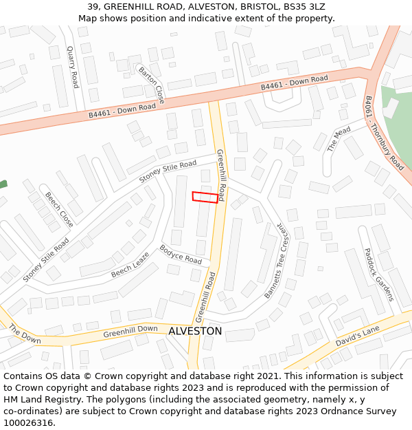 39, GREENHILL ROAD, ALVESTON, BRISTOL, BS35 3LZ: Location map and indicative extent of plot
