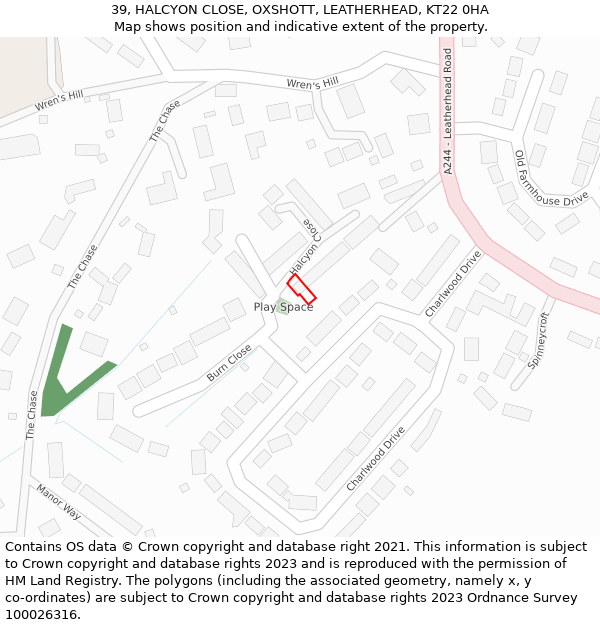 39, HALCYON CLOSE, OXSHOTT, LEATHERHEAD, KT22 0HA: Location map and indicative extent of plot