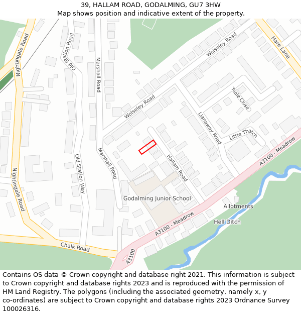 39, HALLAM ROAD, GODALMING, GU7 3HW: Location map and indicative extent of plot