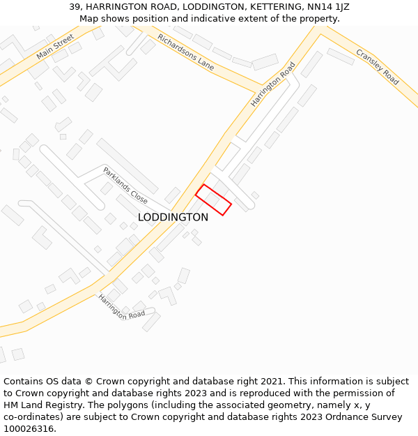 39, HARRINGTON ROAD, LODDINGTON, KETTERING, NN14 1JZ: Location map and indicative extent of plot