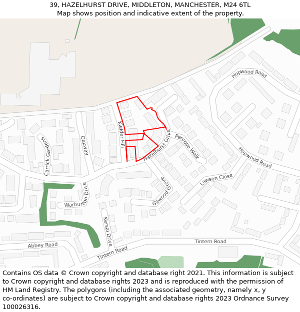 39, HAZELHURST DRIVE, MIDDLETON, MANCHESTER, M24 6TL: Location map and indicative extent of plot