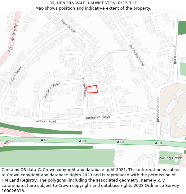 39, HENDRA VALE, LAUNCESTON, PL15 7HF: Location map and indicative extent of plot