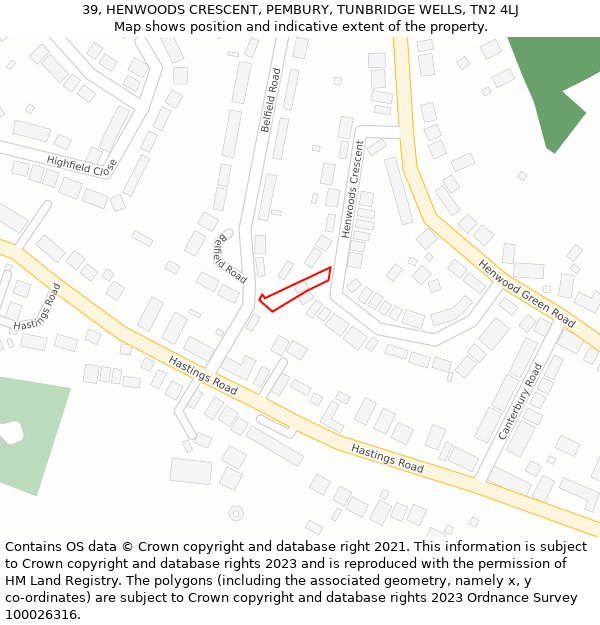 39, HENWOODS CRESCENT, PEMBURY, TUNBRIDGE WELLS, TN2 4LJ: Location map and indicative extent of plot