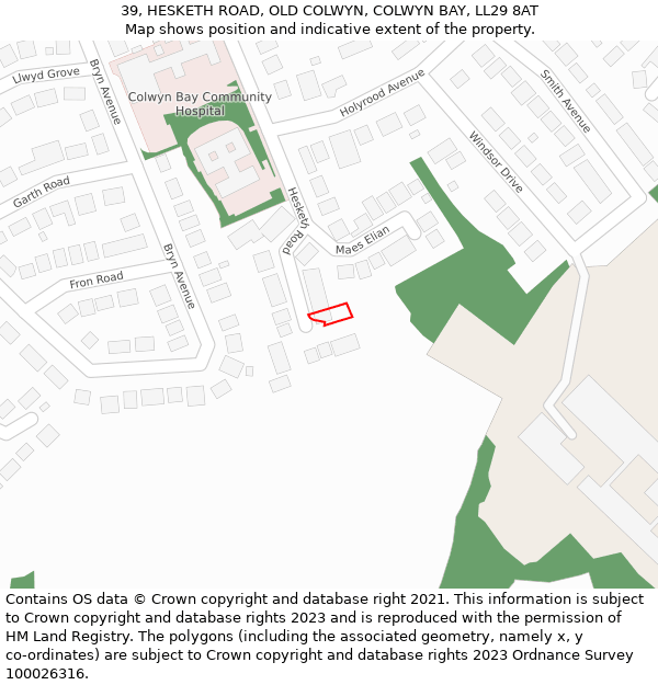 39, HESKETH ROAD, OLD COLWYN, COLWYN BAY, LL29 8AT: Location map and indicative extent of plot