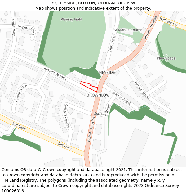 39, HEYSIDE, ROYTON, OLDHAM, OL2 6LW: Location map and indicative extent of plot