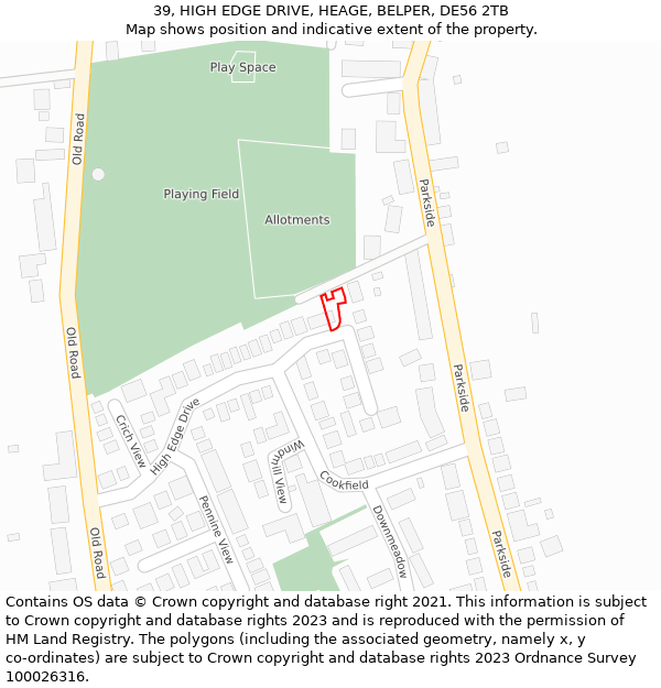 39, HIGH EDGE DRIVE, HEAGE, BELPER, DE56 2TB: Location map and indicative extent of plot