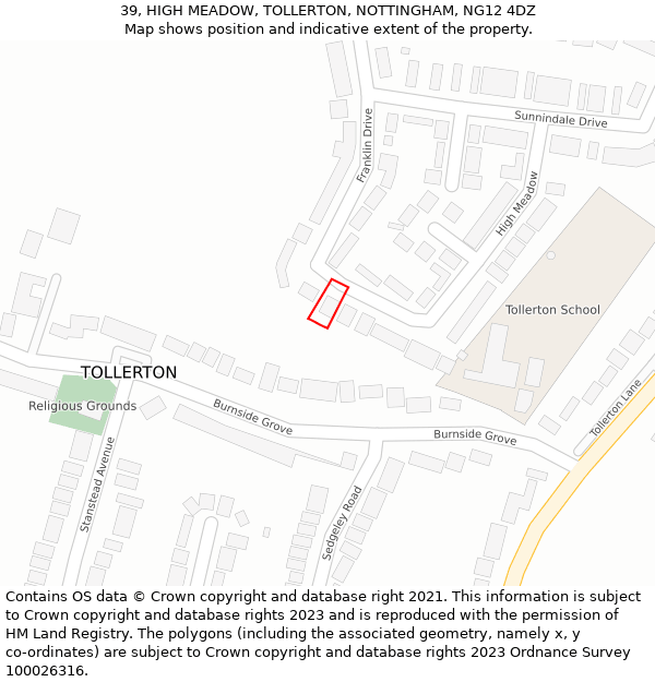 39, HIGH MEADOW, TOLLERTON, NOTTINGHAM, NG12 4DZ: Location map and indicative extent of plot