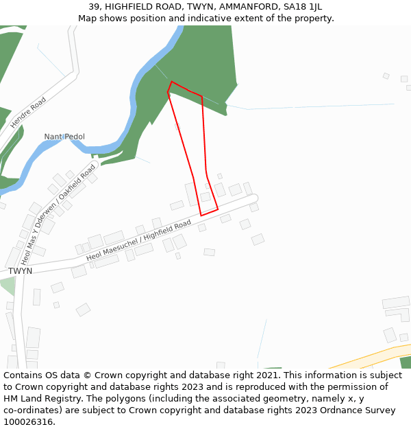 39, HIGHFIELD ROAD, TWYN, AMMANFORD, SA18 1JL: Location map and indicative extent of plot