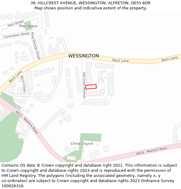 39, HILLCREST AVENUE, WESSINGTON, ALFRETON, DE55 6DR: Location map and indicative extent of plot