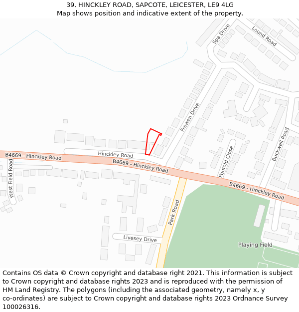 39, HINCKLEY ROAD, SAPCOTE, LEICESTER, LE9 4LG: Location map and indicative extent of plot