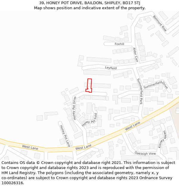 39, HONEY POT DRIVE, BAILDON, SHIPLEY, BD17 5TJ: Location map and indicative extent of plot