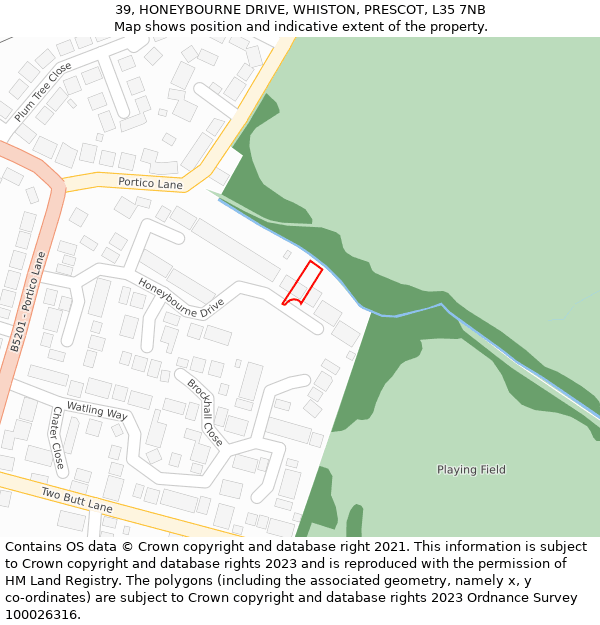 39, HONEYBOURNE DRIVE, WHISTON, PRESCOT, L35 7NB: Location map and indicative extent of plot