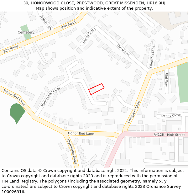 39, HONORWOOD CLOSE, PRESTWOOD, GREAT MISSENDEN, HP16 9HJ: Location map and indicative extent of plot