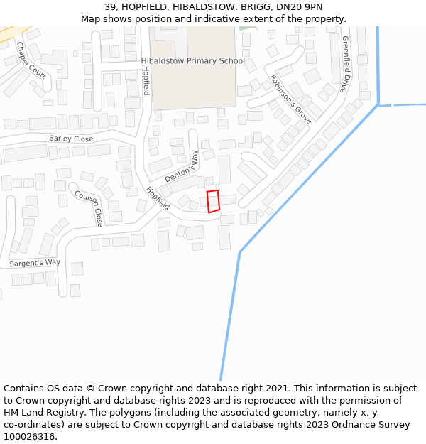 39, HOPFIELD, HIBALDSTOW, BRIGG, DN20 9PN: Location map and indicative extent of plot