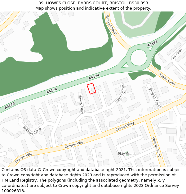 39, HOWES CLOSE, BARRS COURT, BRISTOL, BS30 8SB: Location map and indicative extent of plot