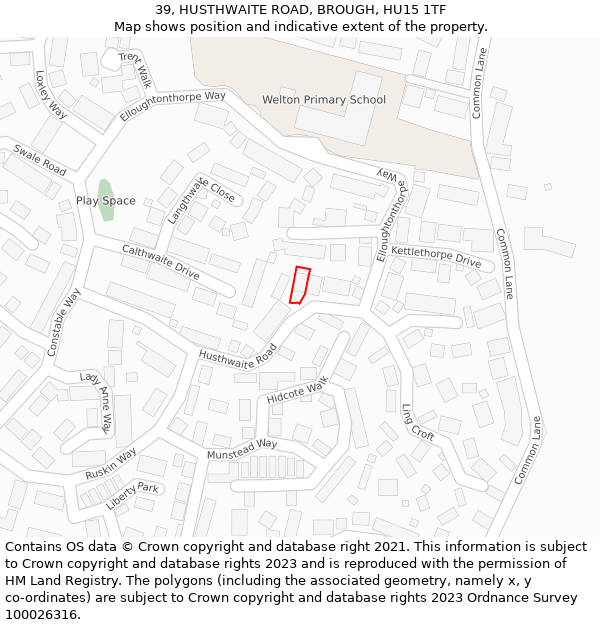 39, HUSTHWAITE ROAD, BROUGH, HU15 1TF: Location map and indicative extent of plot