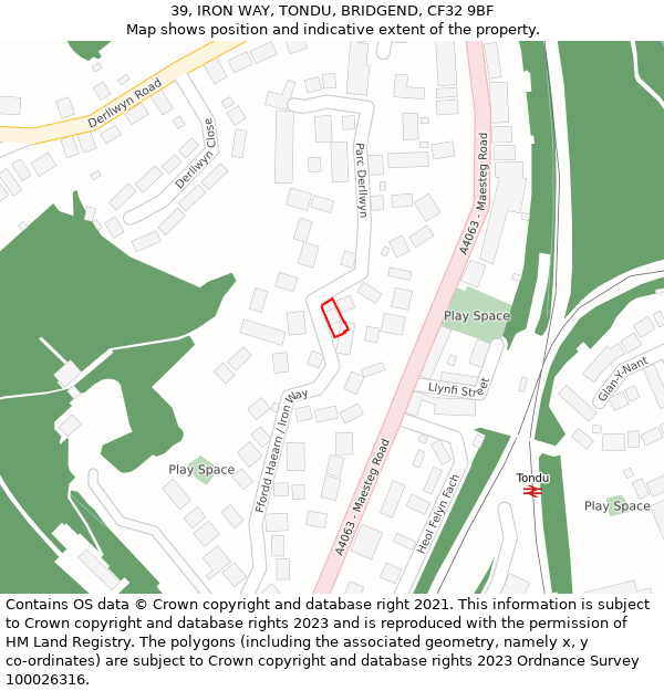 39, IRON WAY, TONDU, BRIDGEND, CF32 9BF: Location map and indicative extent of plot