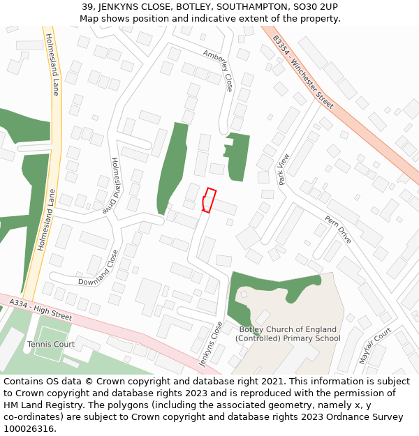 39, JENKYNS CLOSE, BOTLEY, SOUTHAMPTON, SO30 2UP: Location map and indicative extent of plot