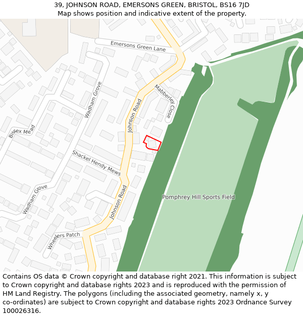 39, JOHNSON ROAD, EMERSONS GREEN, BRISTOL, BS16 7JD: Location map and indicative extent of plot