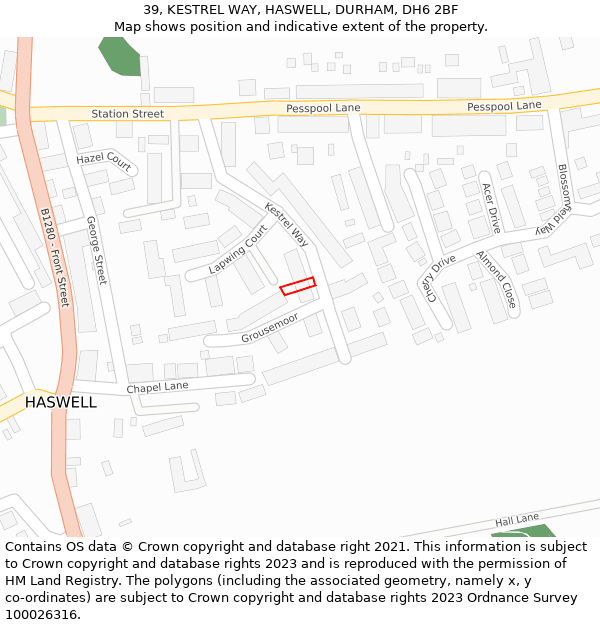 39, KESTREL WAY, HASWELL, DURHAM, DH6 2BF: Location map and indicative extent of plot