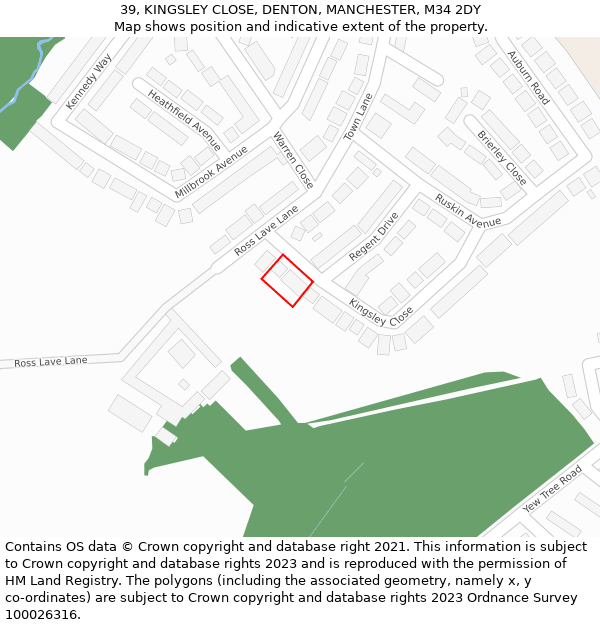 39, KINGSLEY CLOSE, DENTON, MANCHESTER, M34 2DY: Location map and indicative extent of plot