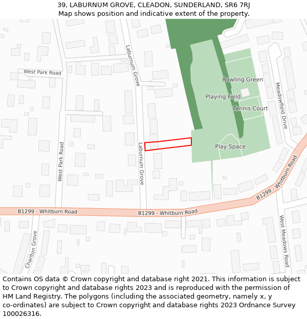 39, LABURNUM GROVE, CLEADON, SUNDERLAND, SR6 7RJ: Location map and indicative extent of plot