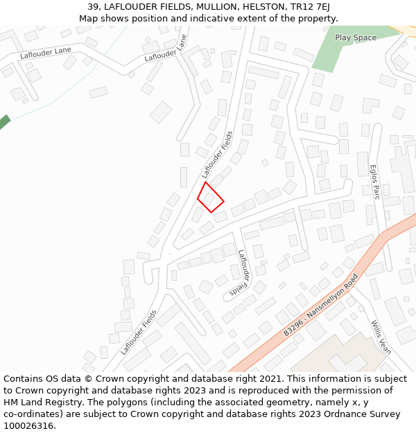 39, LAFLOUDER FIELDS, MULLION, HELSTON, TR12 7EJ: Location map and indicative extent of plot