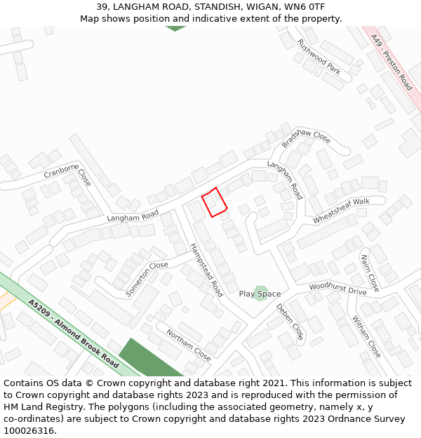 39, LANGHAM ROAD, STANDISH, WIGAN, WN6 0TF: Location map and indicative extent of plot