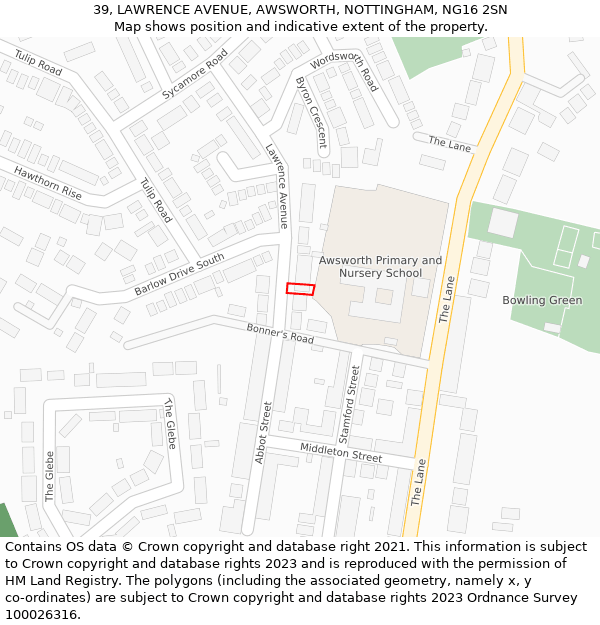 39, LAWRENCE AVENUE, AWSWORTH, NOTTINGHAM, NG16 2SN: Location map and indicative extent of plot