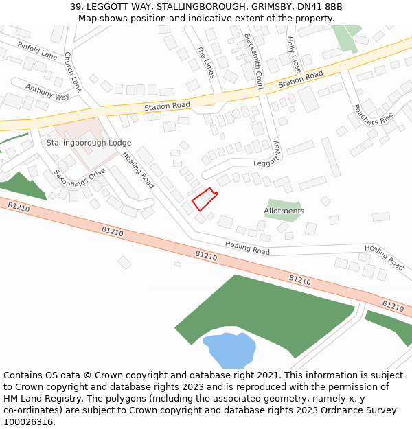 39, LEGGOTT WAY, STALLINGBOROUGH, GRIMSBY, DN41 8BB: Location map and indicative extent of plot