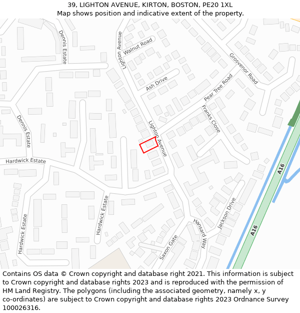 39, LIGHTON AVENUE, KIRTON, BOSTON, PE20 1XL: Location map and indicative extent of plot