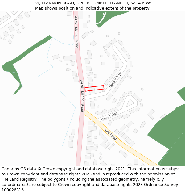 39, LLANNON ROAD, UPPER TUMBLE, LLANELLI, SA14 6BW: Location map and indicative extent of plot