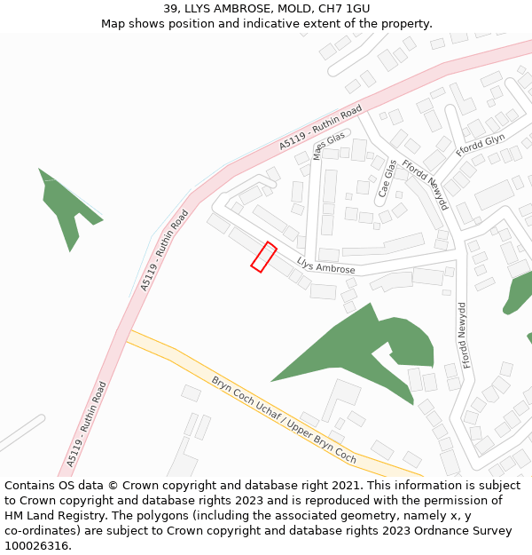 39, LLYS AMBROSE, MOLD, CH7 1GU: Location map and indicative extent of plot