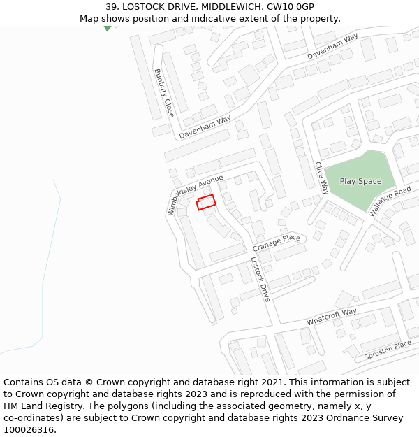 39, LOSTOCK DRIVE, MIDDLEWICH, CW10 0GP: Location map and indicative extent of plot