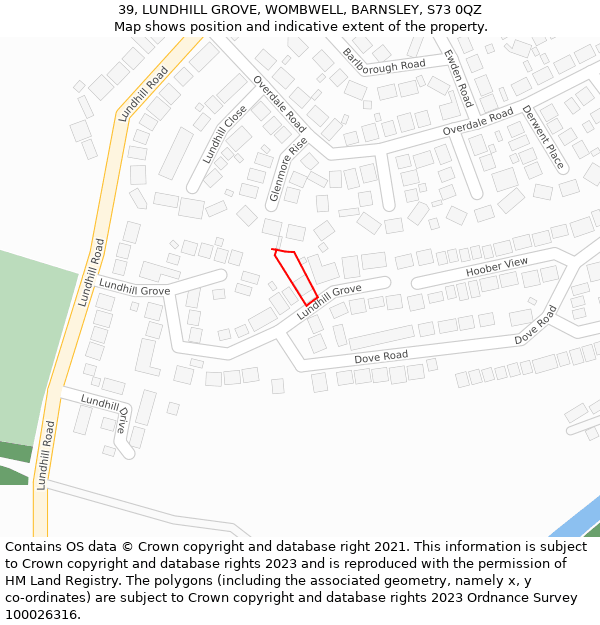 39, LUNDHILL GROVE, WOMBWELL, BARNSLEY, S73 0QZ: Location map and indicative extent of plot