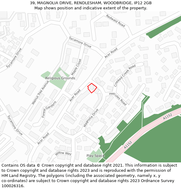 39, MAGNOLIA DRIVE, RENDLESHAM, WOODBRIDGE, IP12 2GB: Location map and indicative extent of plot