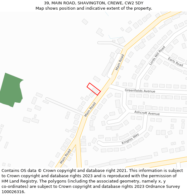 39, MAIN ROAD, SHAVINGTON, CREWE, CW2 5DY: Location map and indicative extent of plot