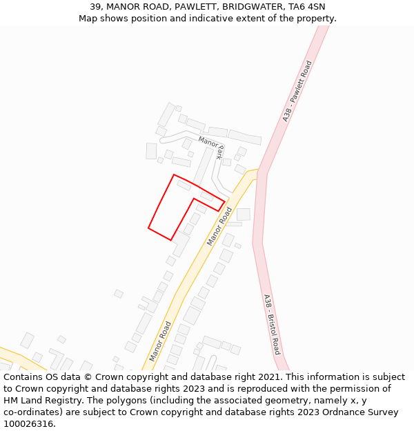 39, MANOR ROAD, PAWLETT, BRIDGWATER, TA6 4SN: Location map and indicative extent of plot