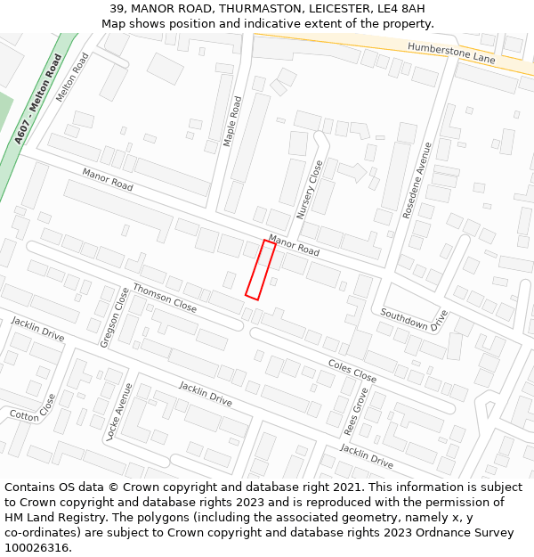 39, MANOR ROAD, THURMASTON, LEICESTER, LE4 8AH: Location map and indicative extent of plot