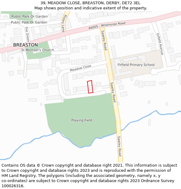 39, MEADOW CLOSE, BREASTON, DERBY, DE72 3EL: Location map and indicative extent of plot