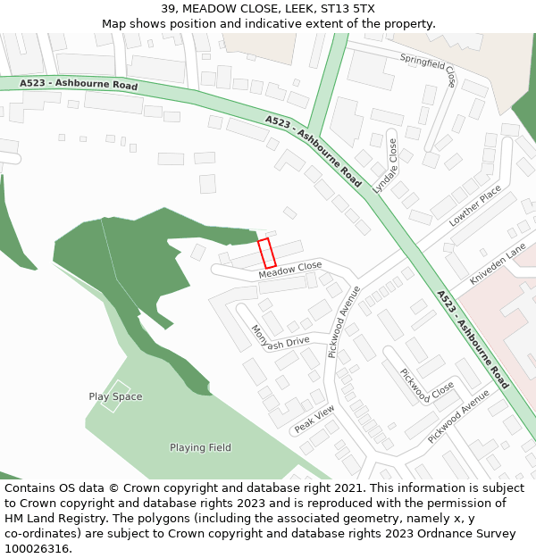 39, MEADOW CLOSE, LEEK, ST13 5TX: Location map and indicative extent of plot