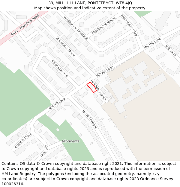 39, MILL HILL LANE, PONTEFRACT, WF8 4JQ: Location map and indicative extent of plot