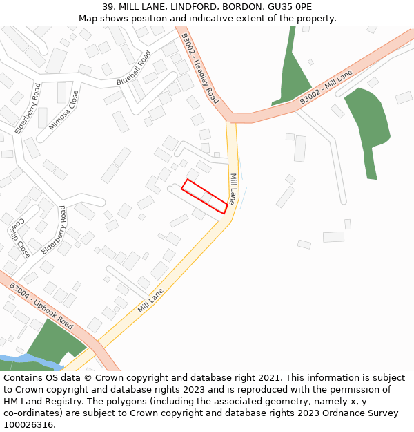 39, MILL LANE, LINDFORD, BORDON, GU35 0PE: Location map and indicative extent of plot