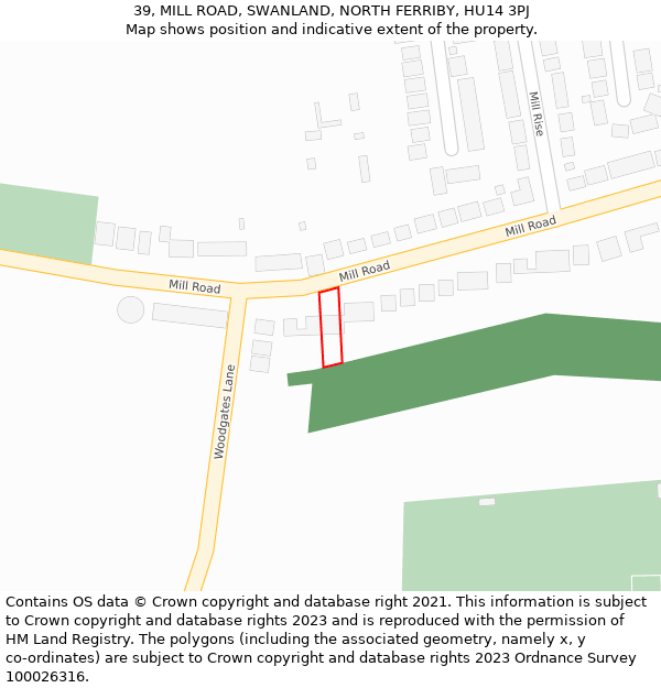 39, MILL ROAD, SWANLAND, NORTH FERRIBY, HU14 3PJ: Location map and indicative extent of plot