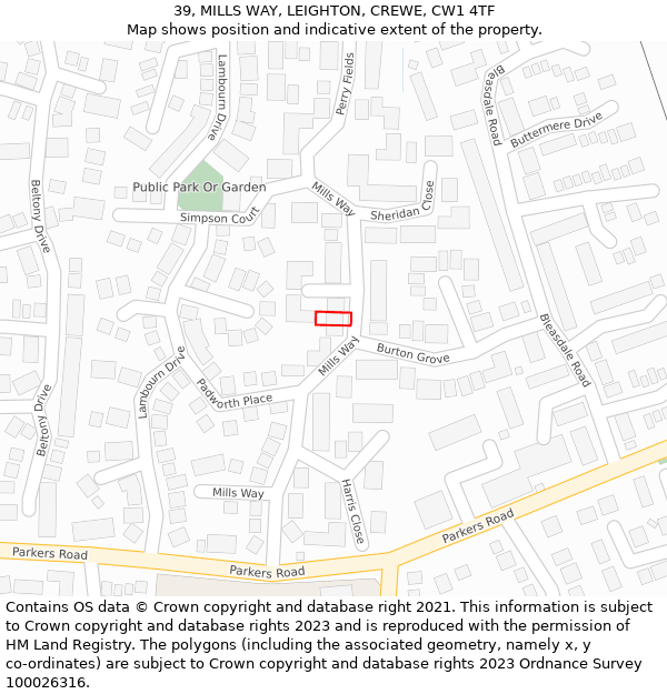 39, MILLS WAY, LEIGHTON, CREWE, CW1 4TF: Location map and indicative extent of plot