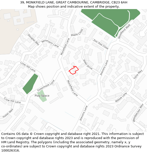 39, MONKFIELD LANE, GREAT CAMBOURNE, CAMBRIDGE, CB23 6AH: Location map and indicative extent of plot