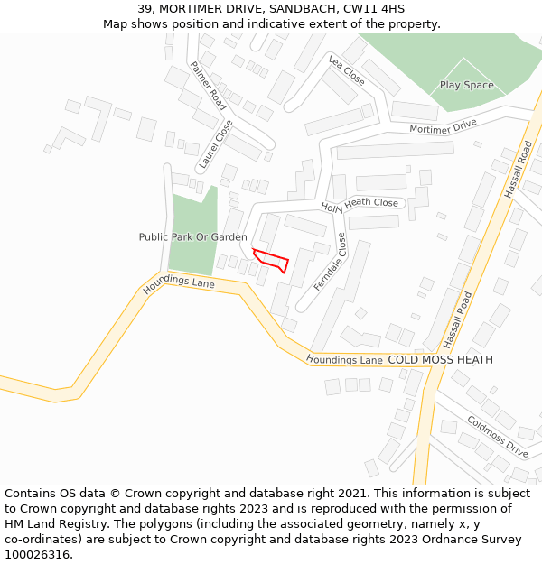 39, MORTIMER DRIVE, SANDBACH, CW11 4HS: Location map and indicative extent of plot