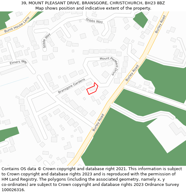 39, MOUNT PLEASANT DRIVE, BRANSGORE, CHRISTCHURCH, BH23 8BZ: Location map and indicative extent of plot