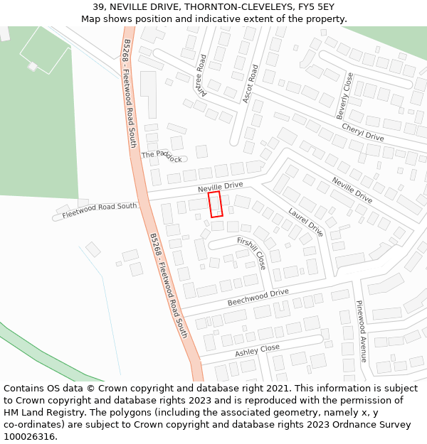39, NEVILLE DRIVE, THORNTON-CLEVELEYS, FY5 5EY: Location map and indicative extent of plot