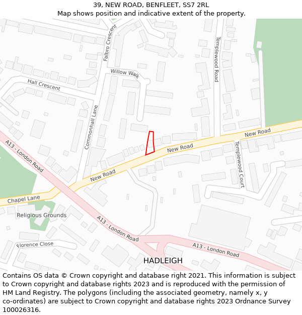 39, NEW ROAD, BENFLEET, SS7 2RL: Location map and indicative extent of plot